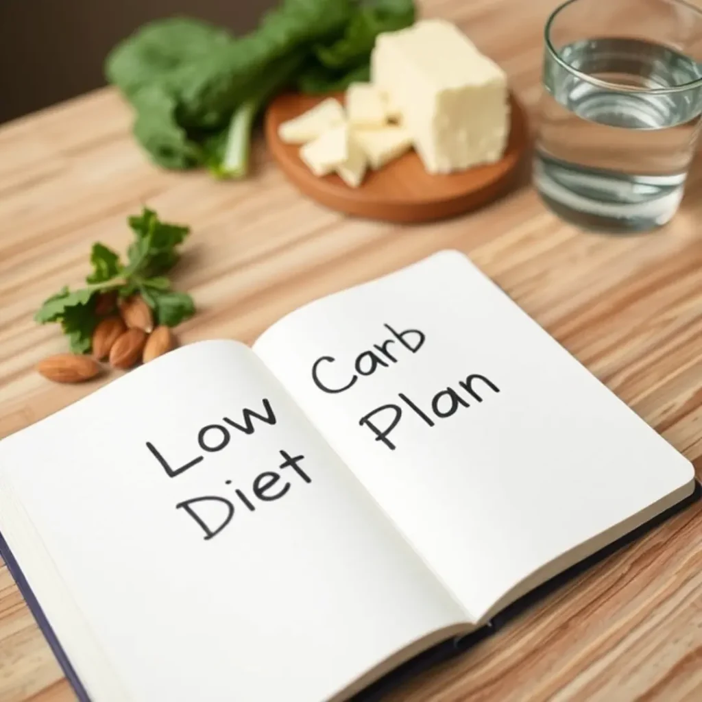 Notebook with "Low Carb Diet Plan" written on it, placed on a table with almonds, greens, and cheese – representing planning and preparation for a low carb diet.