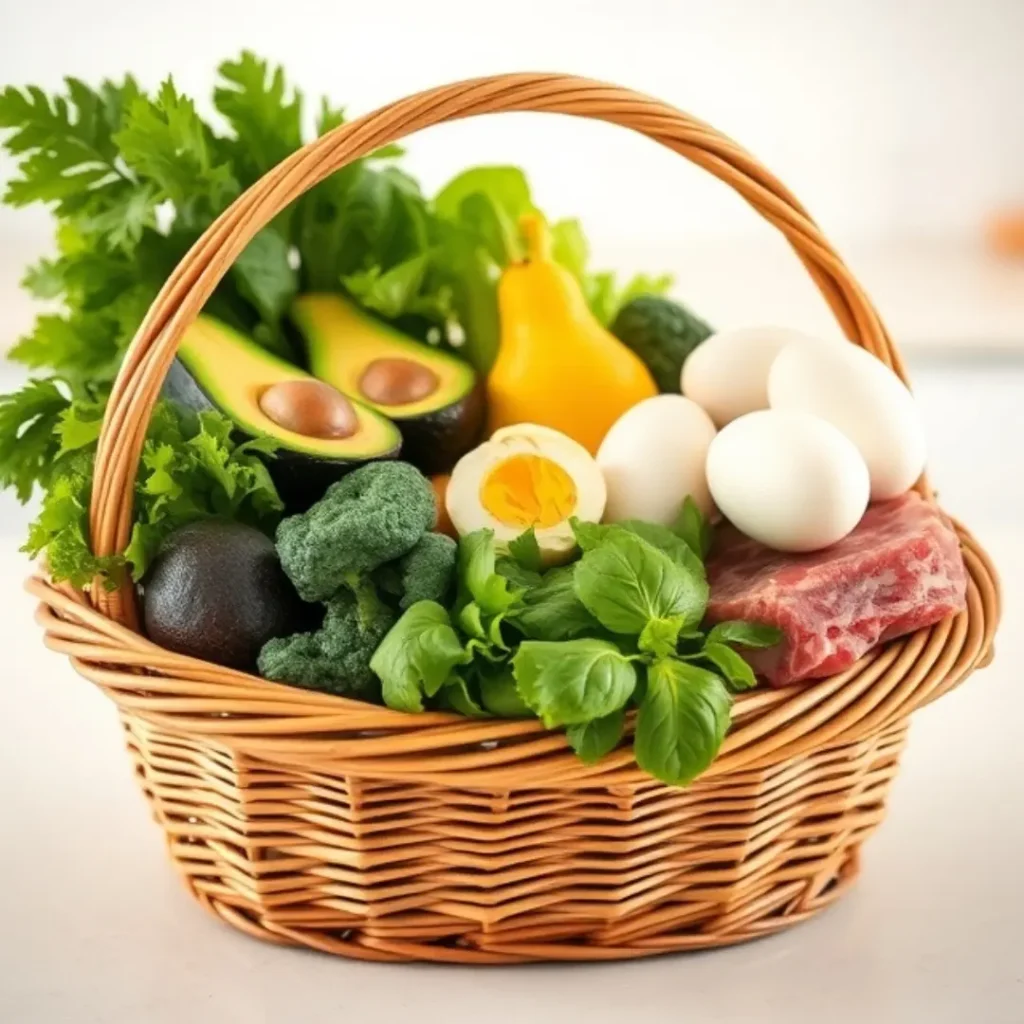 Wicker basket filled with low carb foods including avocados, eggs, leafy greens, broccoli, and meat – essentials for starting a low carb diet.