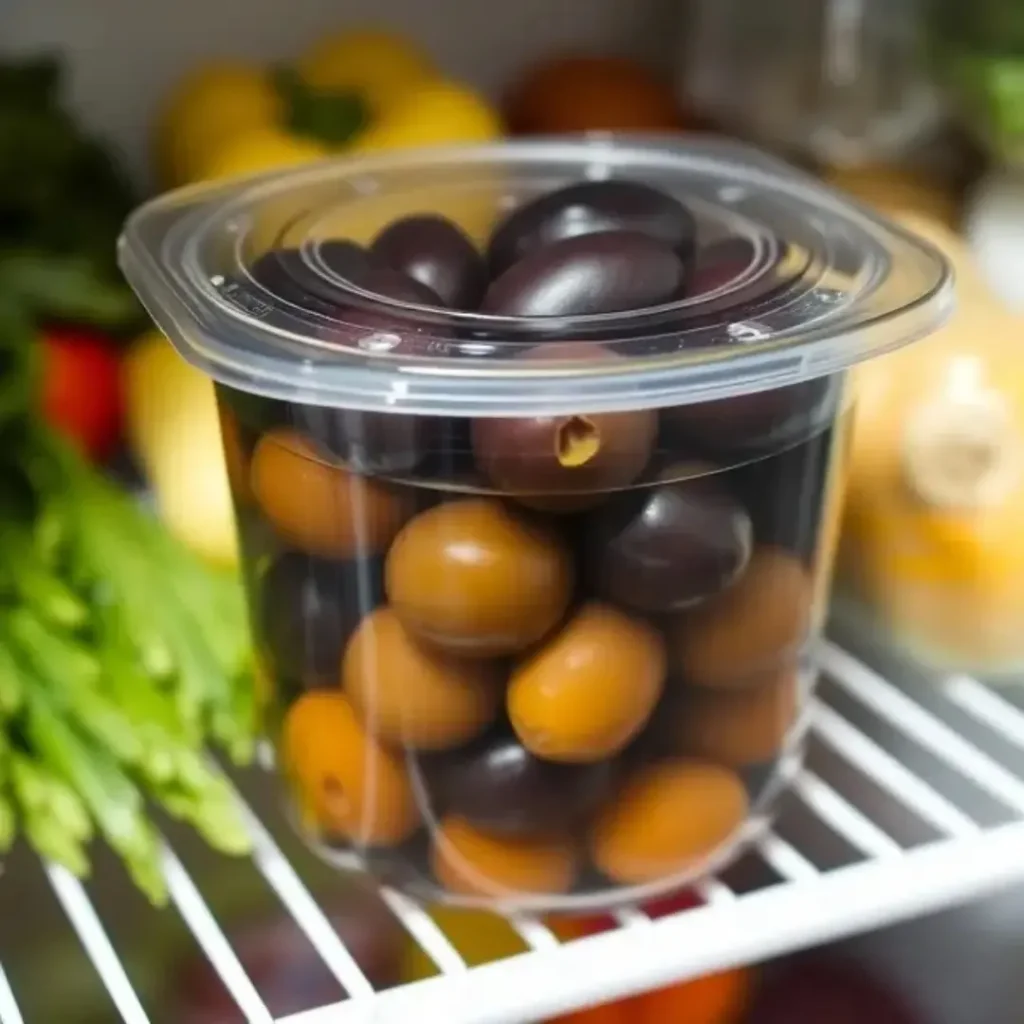 A plastic container filled with Kalamata olives submerged in brine, placed inside a refrigerator alongside fresh vegetables to maintain freshness.