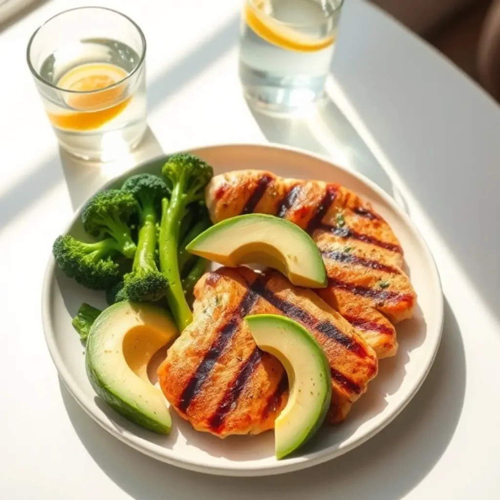 Plate with grilled chicken, avocado slices, and broccoli – a balanced low carb meal for beginners following a low carb diet.