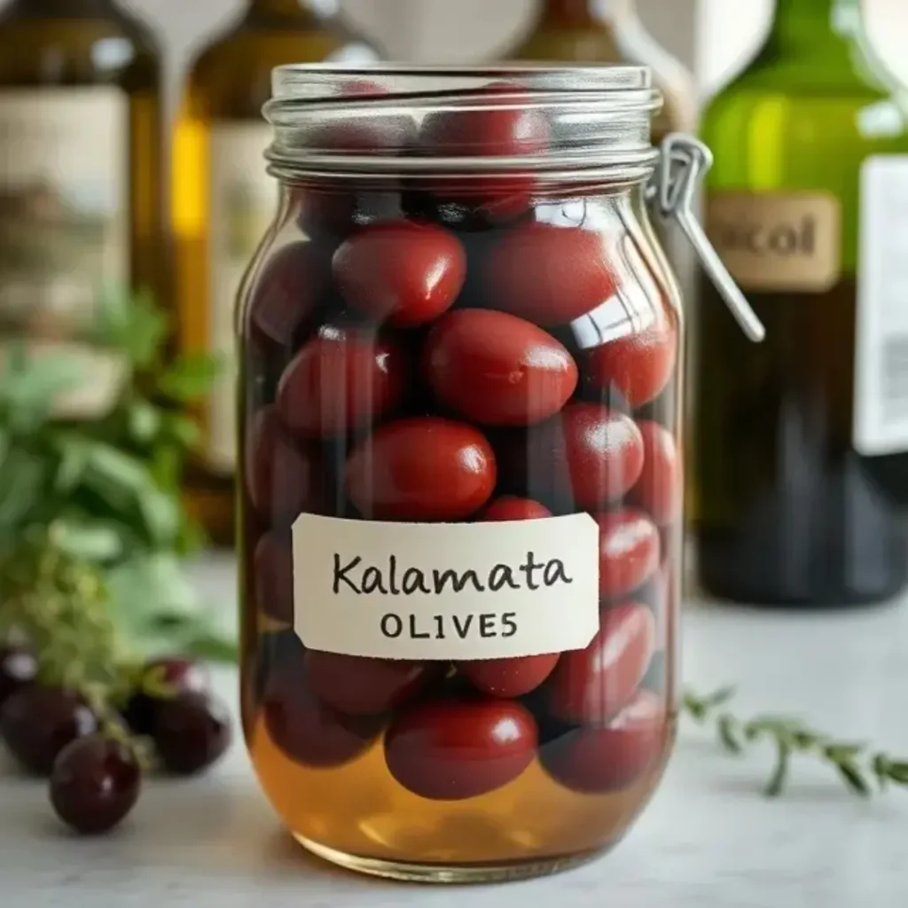 A sealed glass jar filled with Kalamata olives in brine, labeled clearly and placed on a countertop with olive oil bottles and herbs in the background.