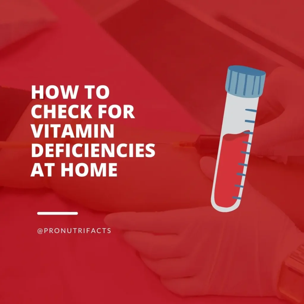 A red-themed design featuring a gloved hand holding a blood sample collection tube. The text "How to Check for Vitamin Deficiencies at Home" is prominently displayed, emphasizing practical self-health monitoring