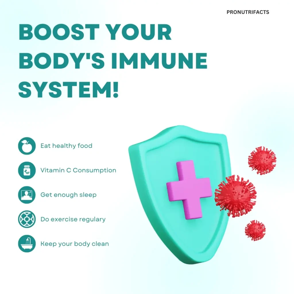 A digital illustration of a shield with a cross symbol protecting against red virus particles. The text lists tips to boost immunity, including eating healthy, consuming Vitamin C, getting enough sleep, exercising regularly, and maintaining hygiene.