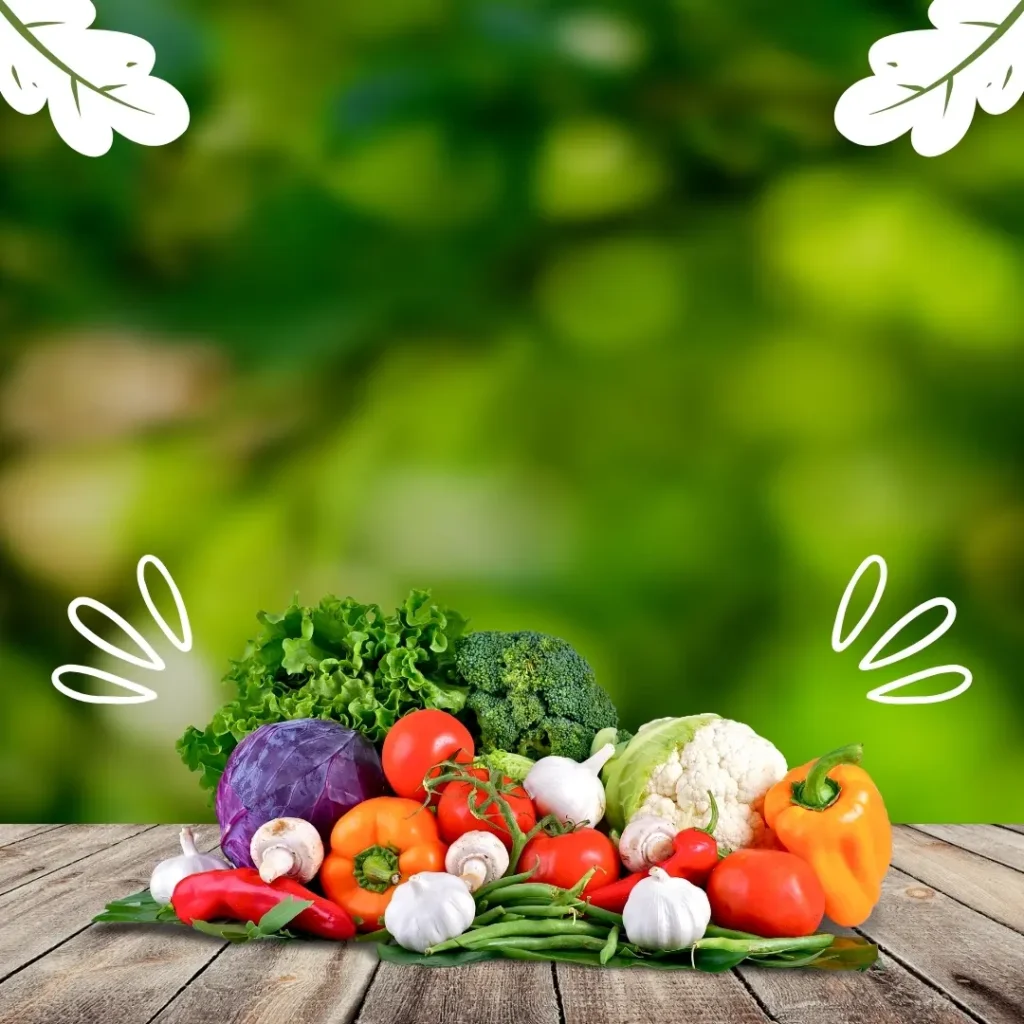 A vibrant assortment of fresh vegetables, including broccoli, bell peppers, tomatoes, garlic, and cauliflower, placed on a rustic wooden table. The green blurred background adds a natural, healthy vibe, emphasizing the importance of a nutrient-rich diet.