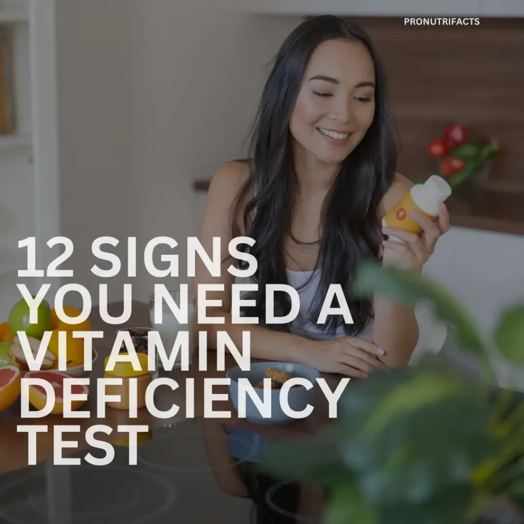 A smiling woman sitting at a kitchen table, holding a supplement bottle. Fresh fruits and healthy food items are arranged on the table, reinforcing the concept of vitamin intake and nutritional balance.