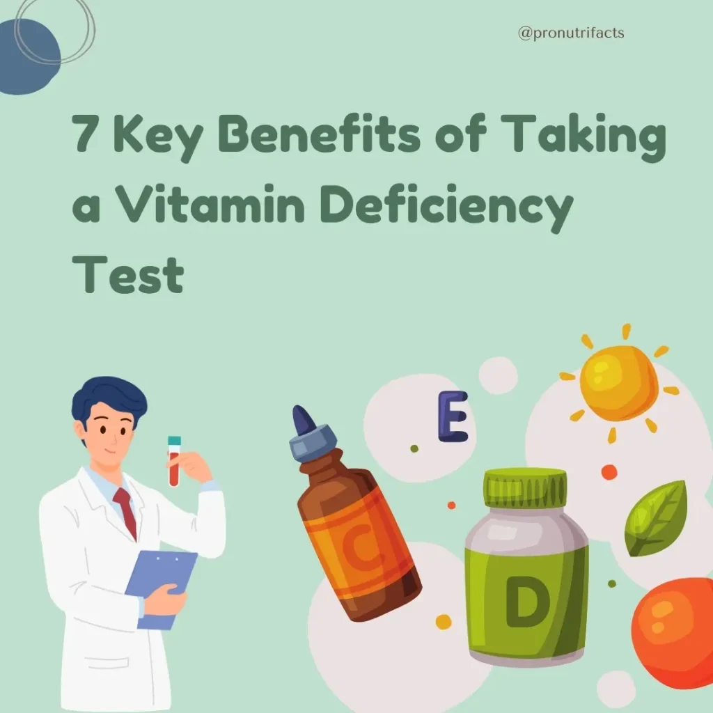 An illustration of a doctor holding a blood test vial alongside vitamin supplements and symbols representing vitamins C, D, and E. The text highlights the benefits of vitamin deficiency testing, encouraging health awareness.