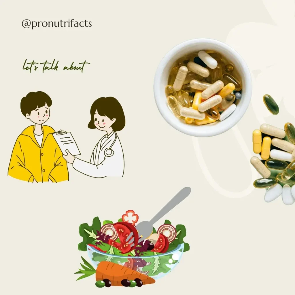 A flat illustration of a doctor consulting with a patient, alongside a bowl of supplements and a fresh salad. The design suggests the role of diet, supplements, and medical advice in addressing vitamin deficiencies.