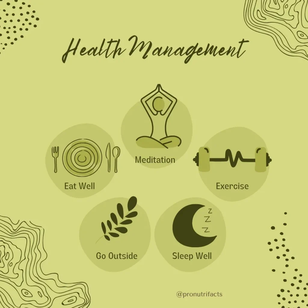 A green infographic listing key health management strategies such as eating well, exercising, meditating, going outside, and sleeping well. The design focuses on holistic wellness and vitamin intake.