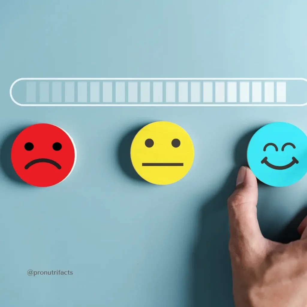 A mood scale featuring three faces – a red sad face, yellow neutral face, and blue happy face. A hand selects the happy face, representing improved mood and well-being through vitamin deficiency testing and treatment.