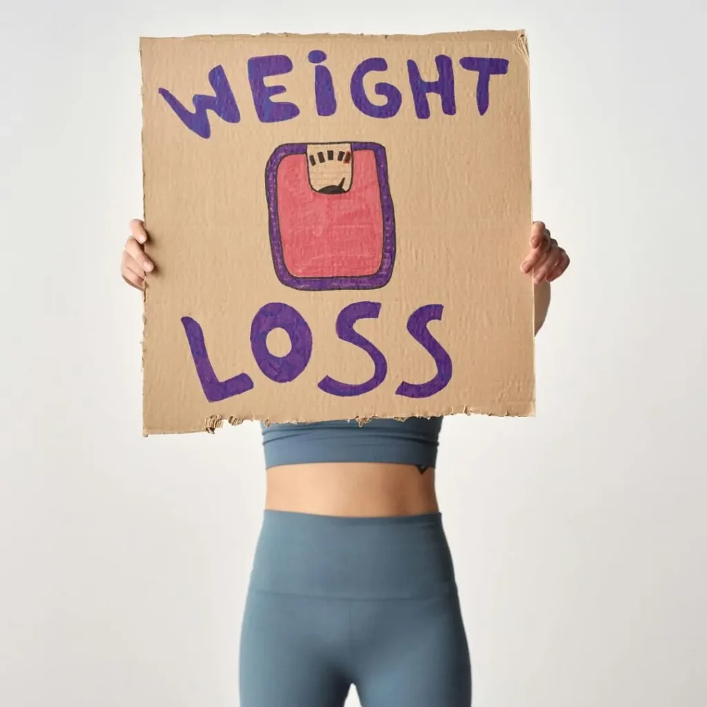 A person in workout clothes holding a cardboard sign with 'Weight Loss' written on it in bold letters, featuring a drawing of a scale, with the title 'What To Add to Coffee for Weight Loss | 5 Ingredients To Try' included.