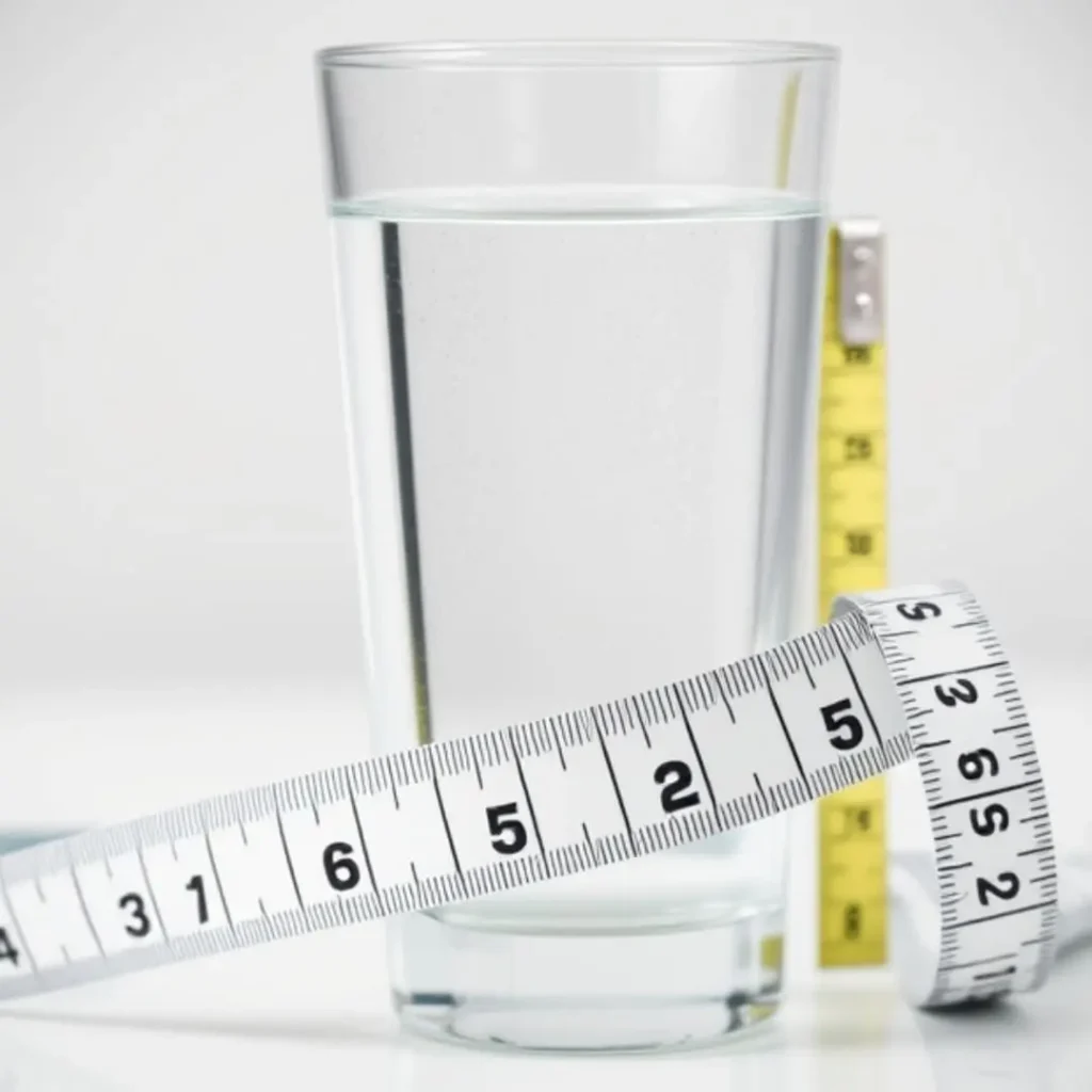 A glass of water with a measuring tape wrapped around it, symbolizing hydration as a key factor in maintaining skin elasticity after weight loss.