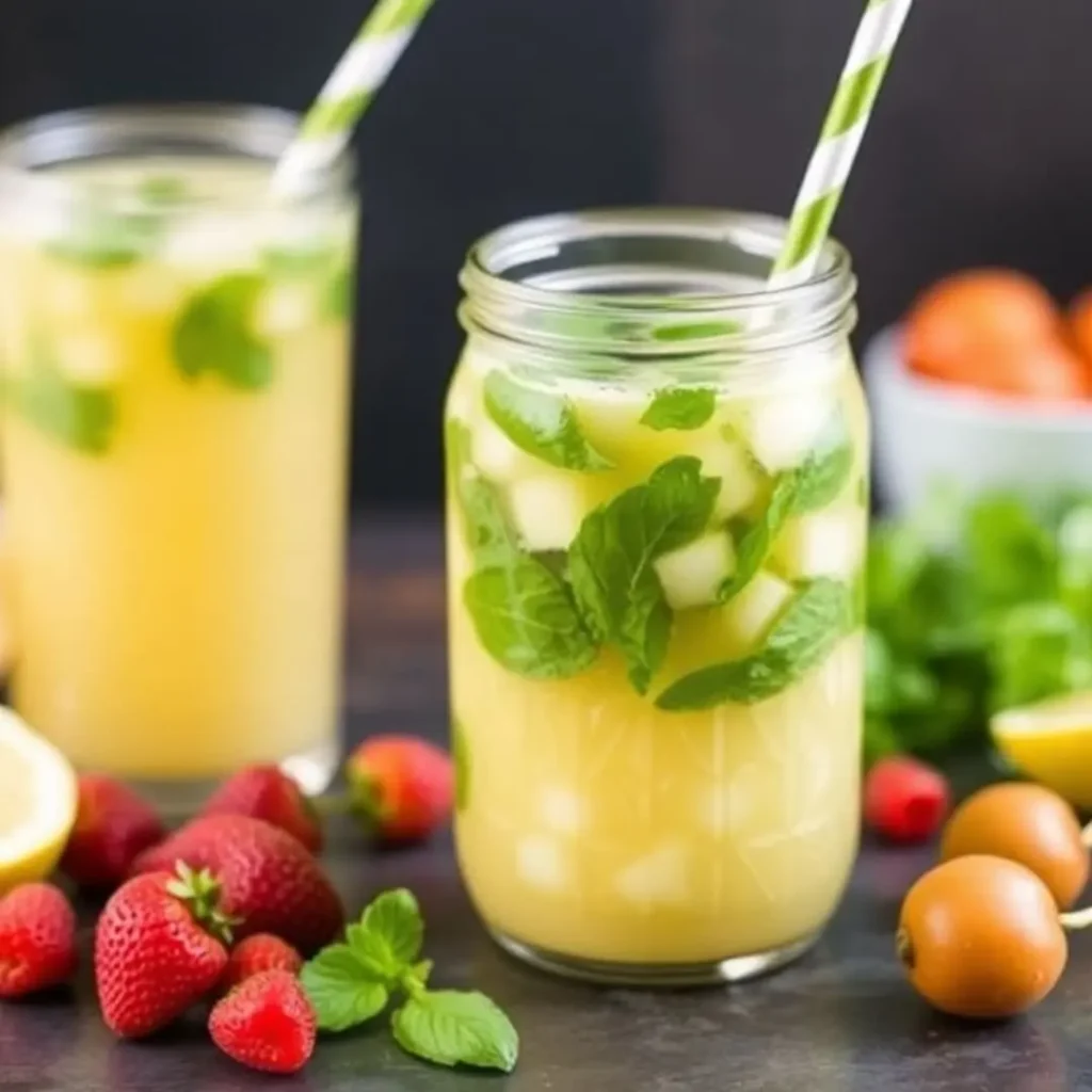 Two mason jars of a vibrant, mint-infused fruit drink with ice cubes, surrounded by fresh strawberries and tomatoes, ideal for gut health drinks and a nutritious start to the day.