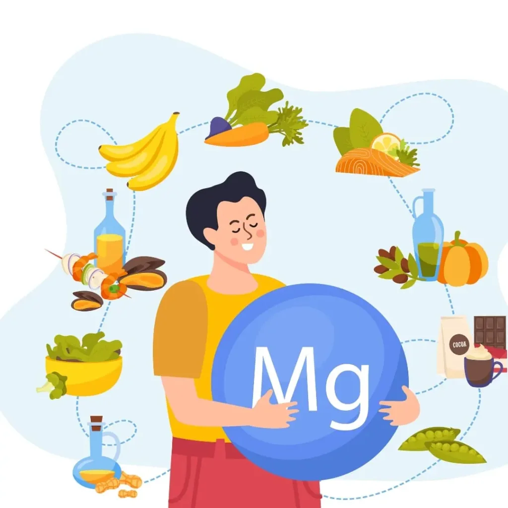 A happy man holding a large blue magnesium (Mg) symbol, surrounded by various magnesium-rich foods, with the title 'Which Magnesium Is Best for Weight Loss | Explore 4 Types' included.