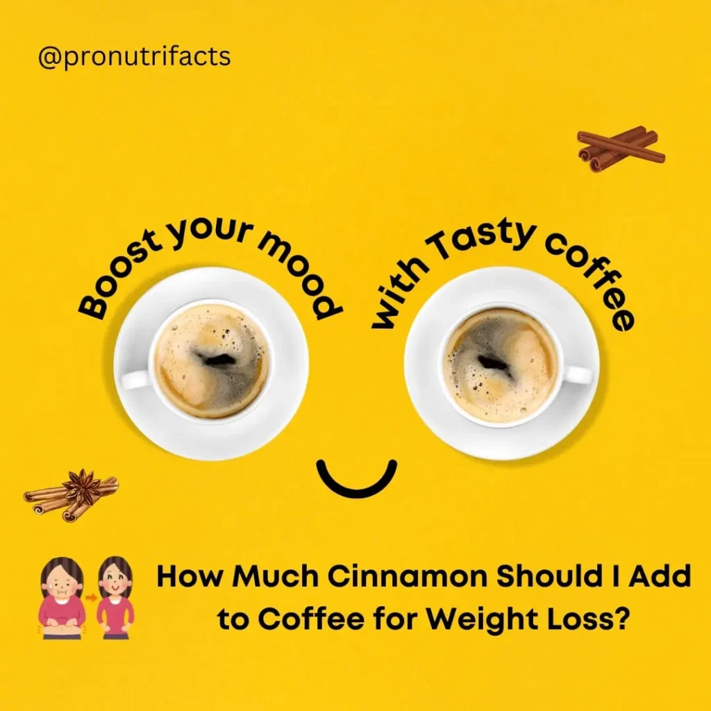 Two cups of coffee arranged to look like smiling eyes, with cinnamon sticks and a bright yellow background. Text reads "Boost your mood with tasty coffee" and "how much cinnamon in coffee for weight loss"