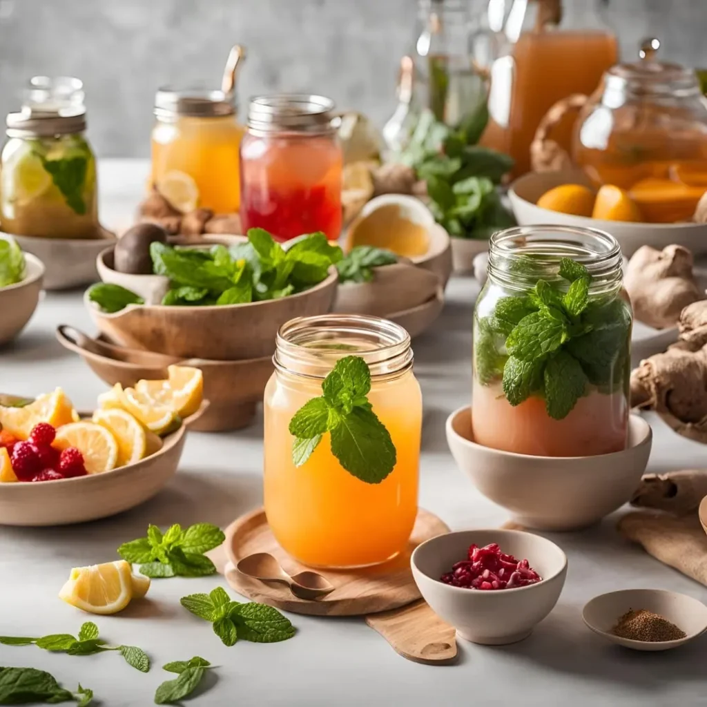 A collection of vibrant beverages in glass jars, surrounded by fresh ingredients like lemons, mint, ginger, and berries, arranged on a table for a natural and refreshing vibe.