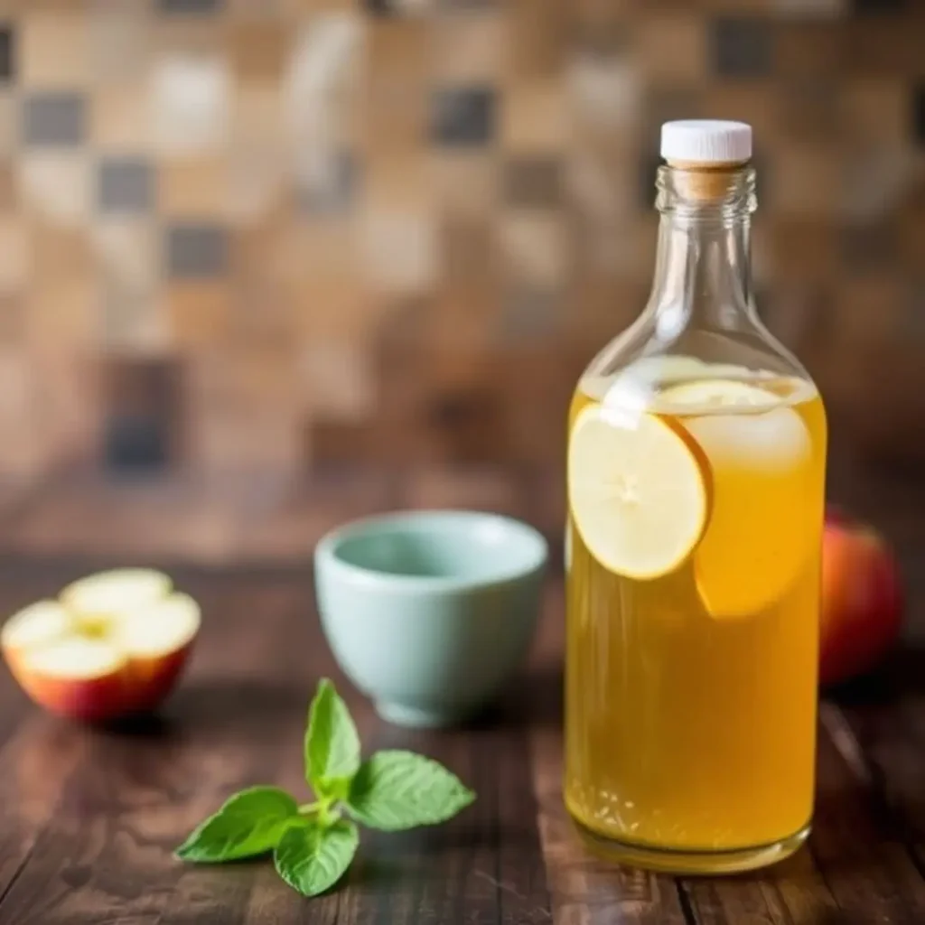 A bottle of apple cider vinegar drink with a lemon slice, accompanied by fresh mint leaves and apples, promoting digestive health.