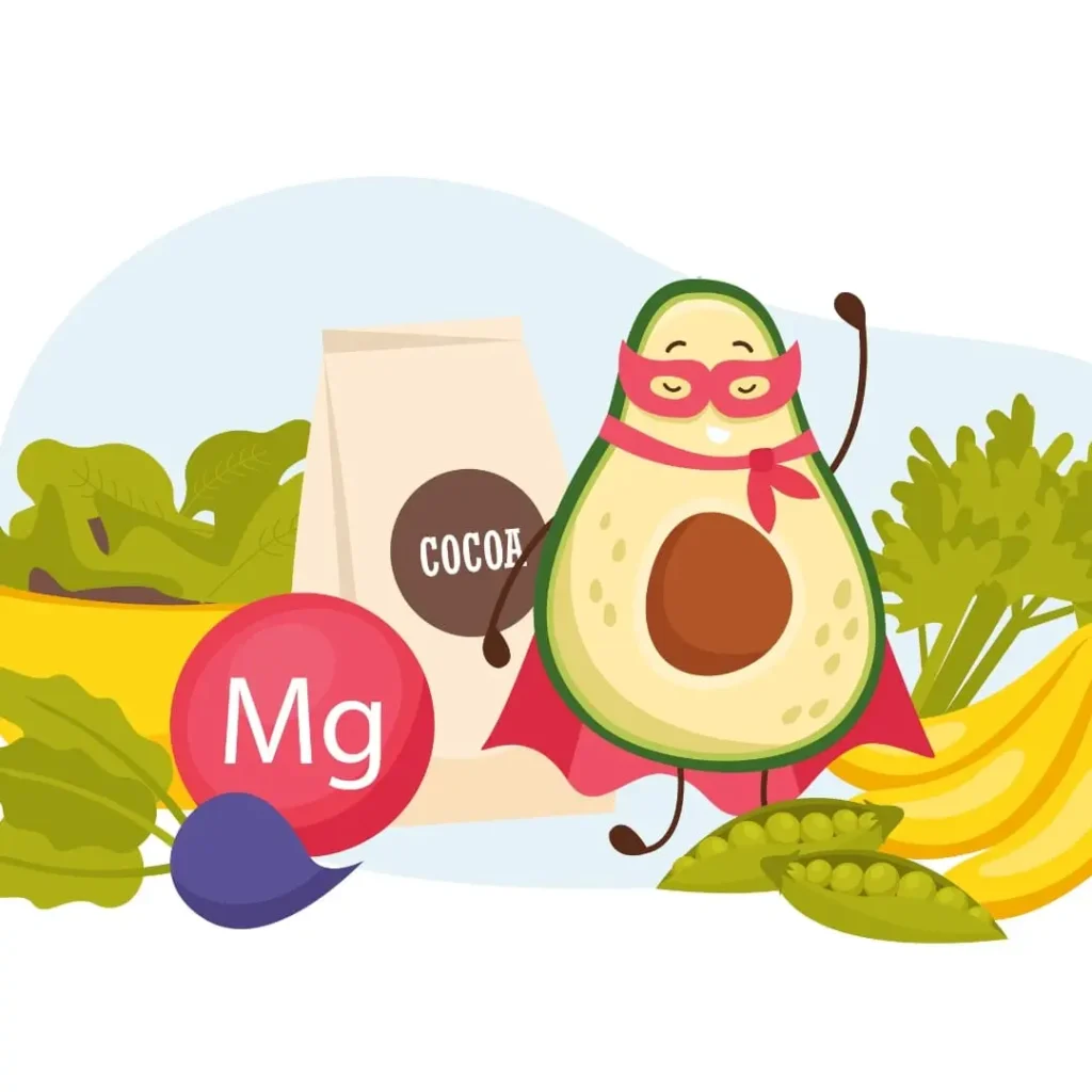 A fun, cartoon-style illustration of an avocado dressed as a superhero, standing among magnesium-rich foods like cocoa, spinach, and bananas, symbolizing the benefits of magnesium.