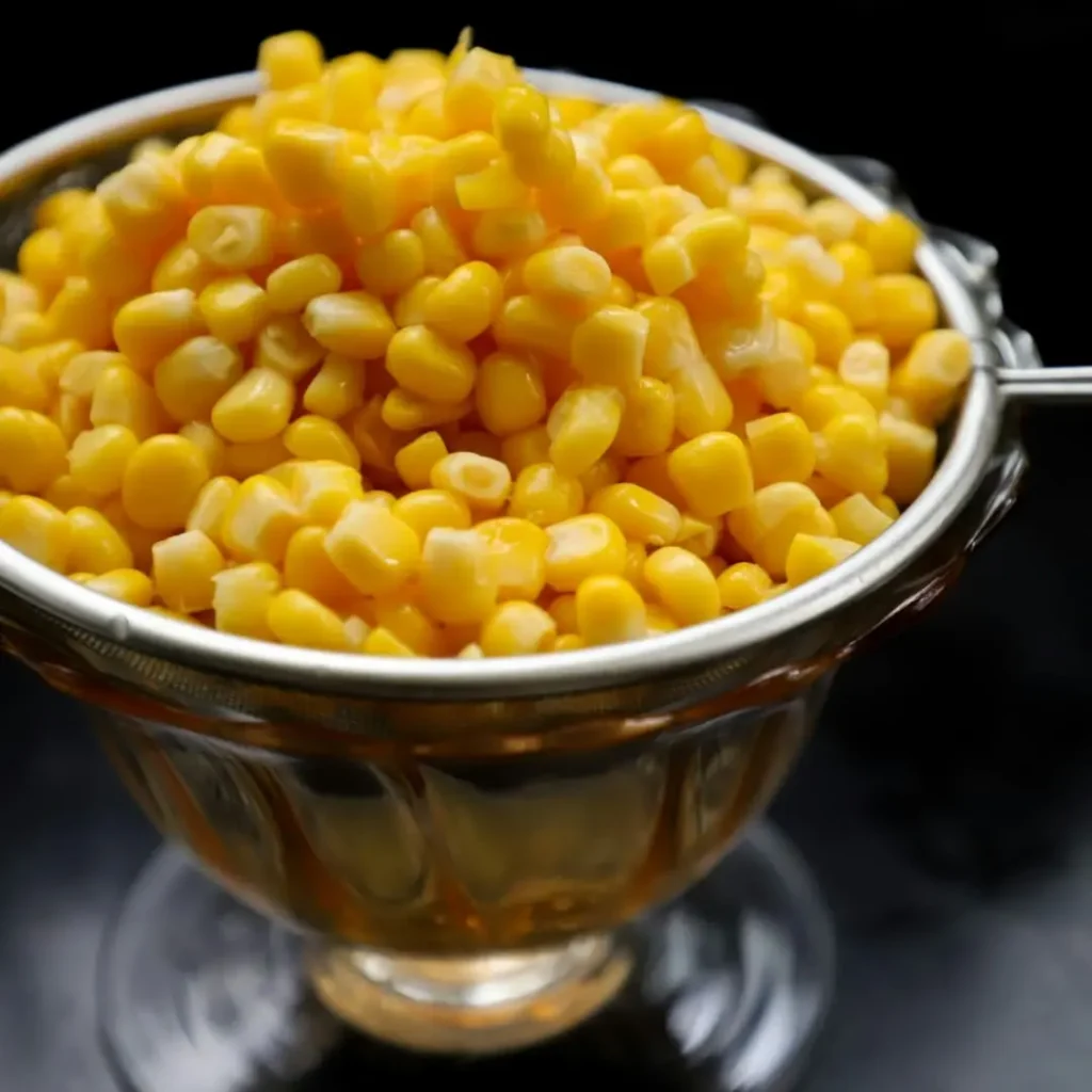 A glass bowl filled with bright yellow sweet corn kernels, emphasizing a nutritious and convenient food choice.