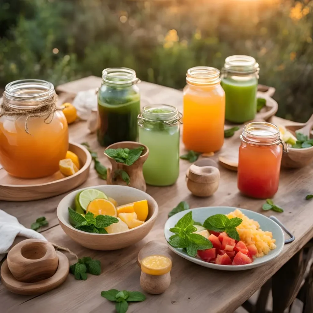 An outdoor table set with colorful jars of beverages, fresh fruits, herbs, and natural ingredients, basking in warm sunlight.