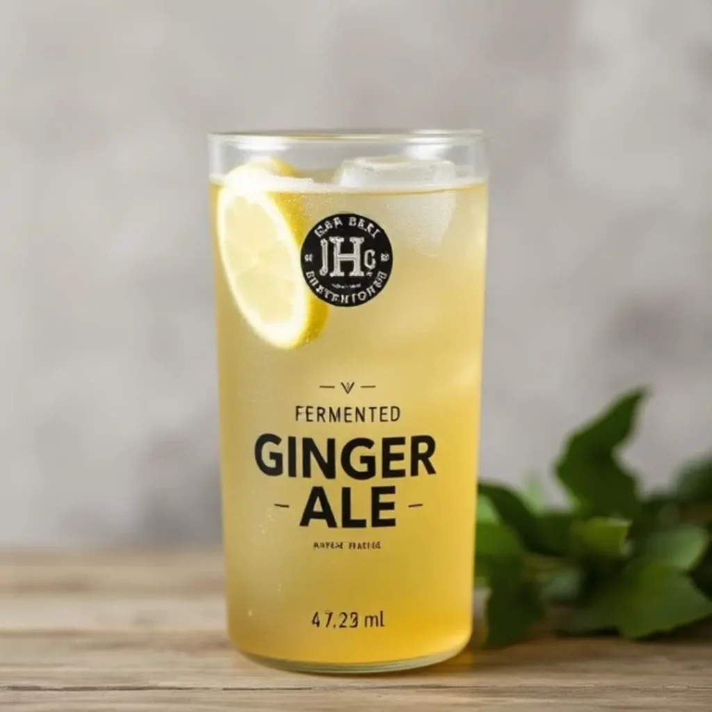 A glass of fermented ginger ale with a lemon slice garnish, a gut-friendly drink to aid digestion.