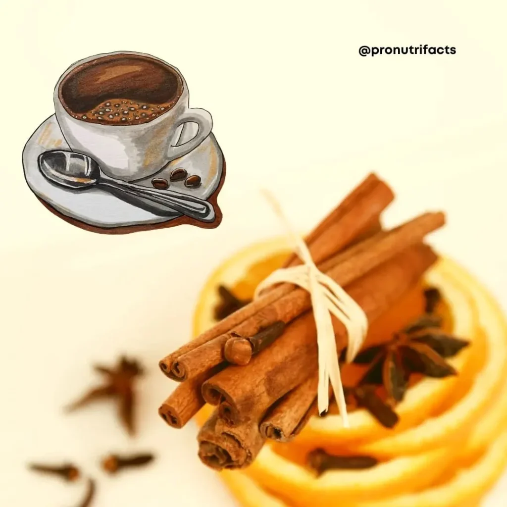 A creative composition featuring cinnamon sticks tied with a ribbon, placed on orange slices, alongside a hand-drawn coffee cup illustration. Text overlay features "@pronutrifacts.