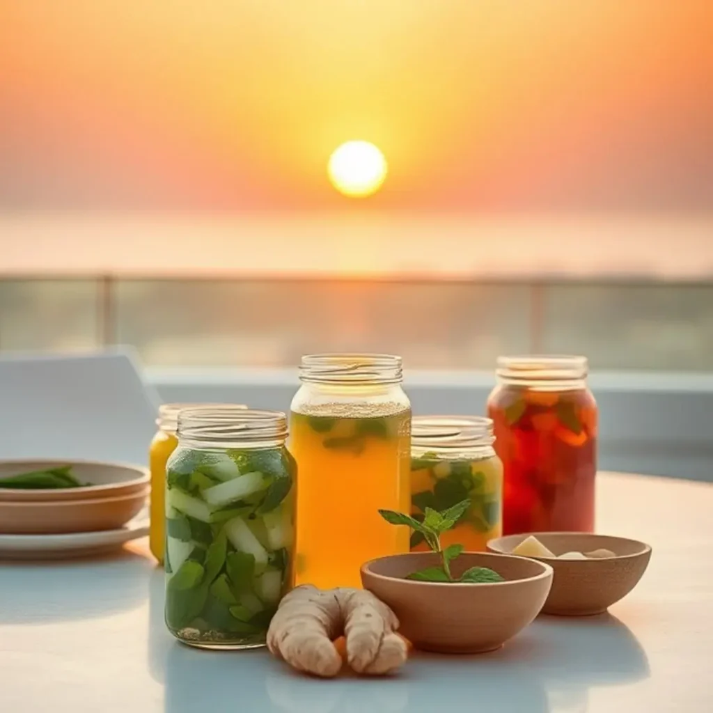 A sunset scene with an assortment of jars filled with colorful liquids and fresh herbs, accompanied by ginger and other healthy ingredients.