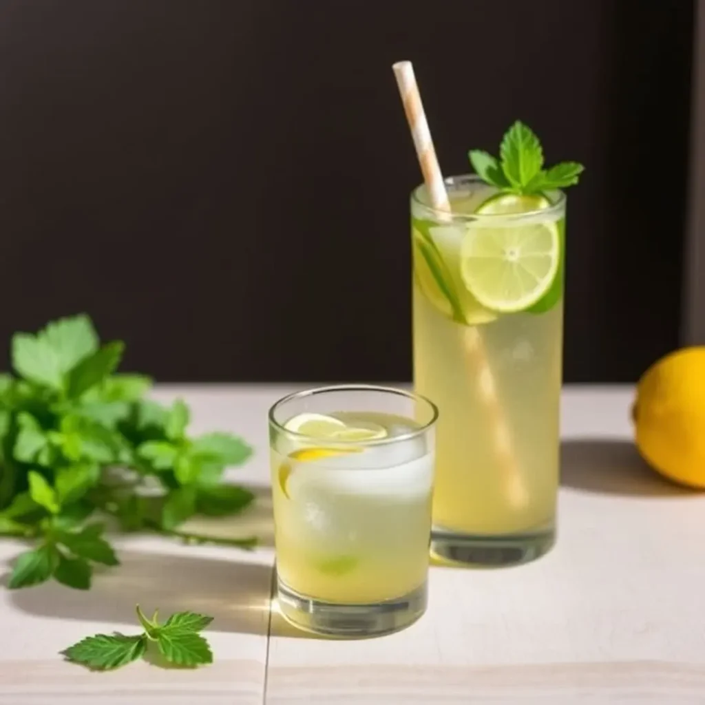 A refreshing drink with lemon slices, mint leaves, and ice cubes served in two glasses, perfect for gut health and hydration.