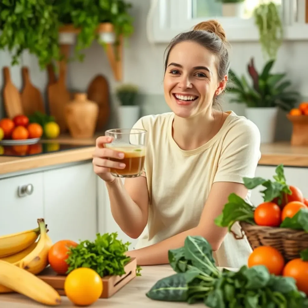 A smiling woman in a cozy kitchen holding one of the gut health drinks, surrounded by fresh fruits, vegetables, and herbs.