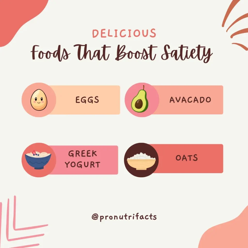 Graphic with text "Foods That Boost Satiety" featuring illustrations of lentils and beans, chia seeds, and cottage cheese. Soft pink and coral design with food images and text by @pronutrifacts.