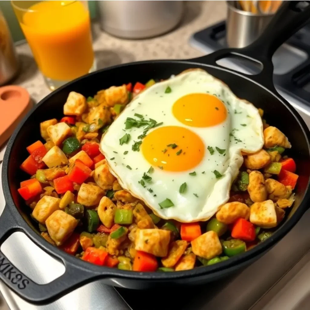 A colorful skillet breakfast of diced leftover chicken, sautéed vegetables, and two sunny-side-up eggs, served with a glass of orange juice.