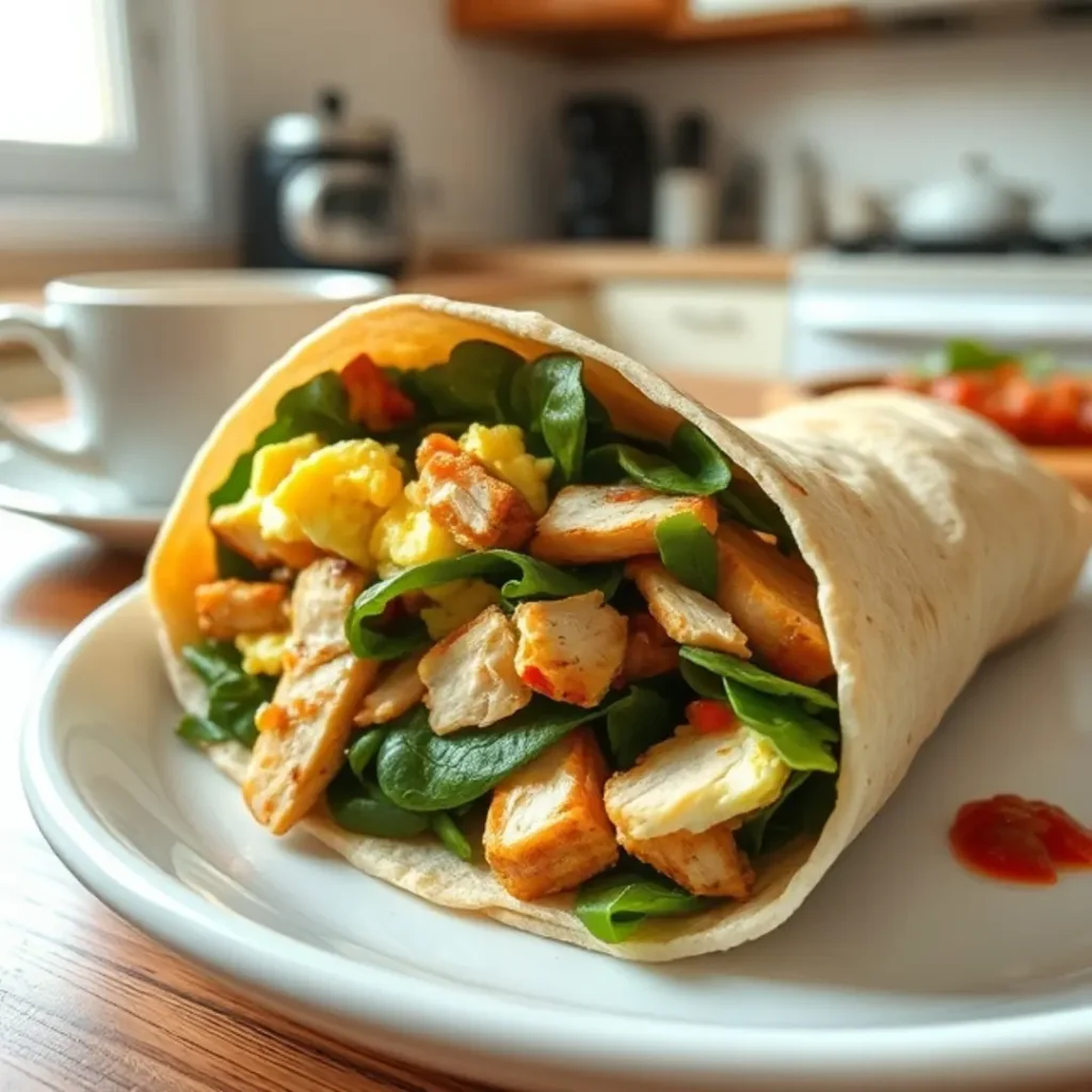 A breakfast wrap featuring juicy leftover chicken, fresh spinach, scrambled eggs, and a tortilla, served on a white plate in a cozy kitchen setting.