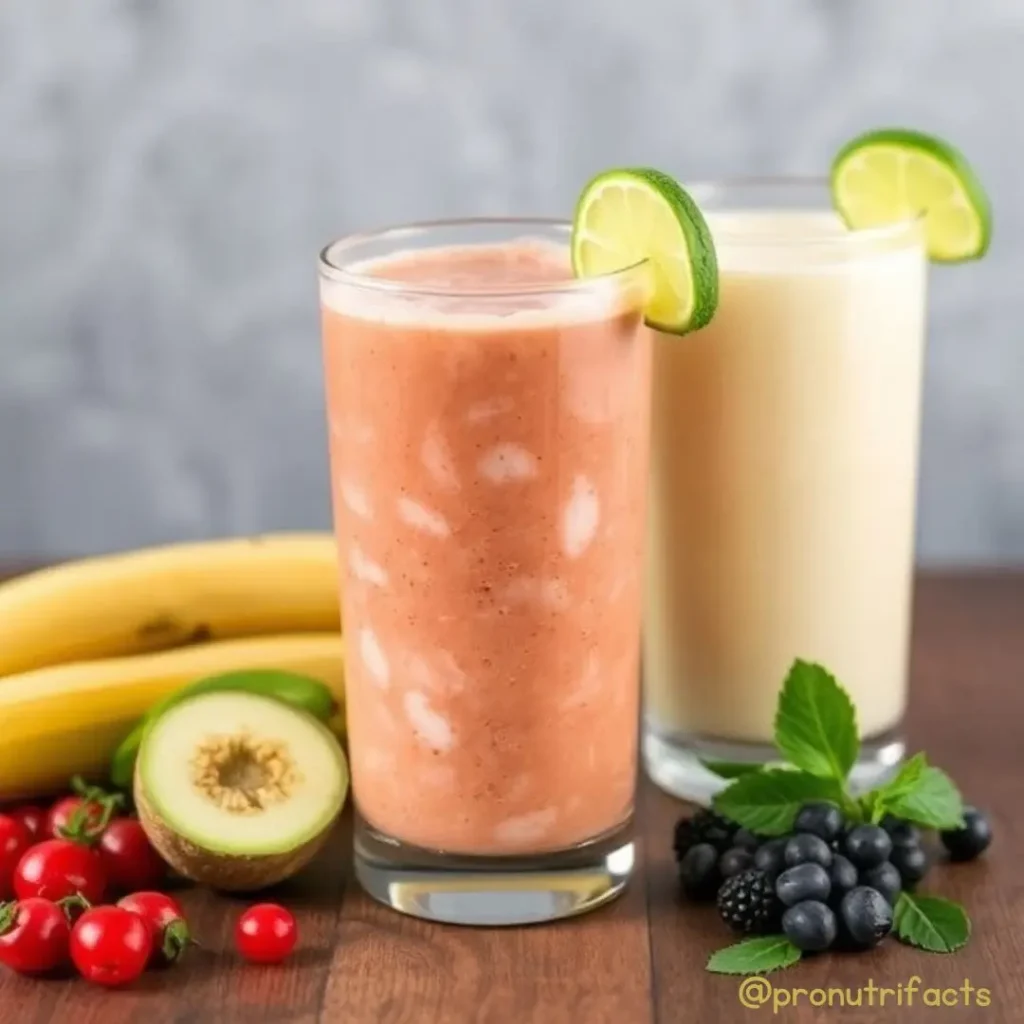 Two glasses of smoothies—one orange and one creamy white—with lime garnish, surrounded by bananas, kiwis, and fresh berries for a nutrient-packed gut health boost.