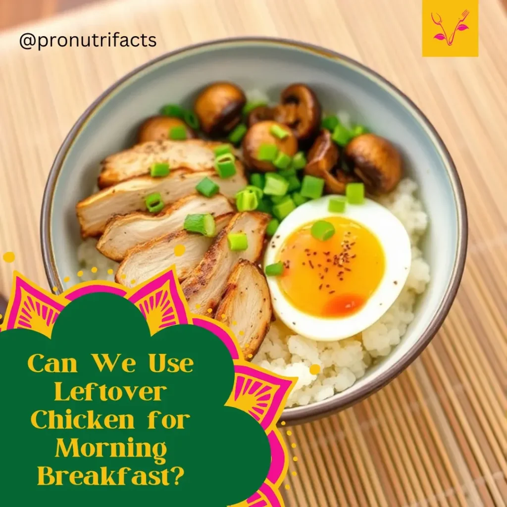 A rice bowl with slices of grilled leftover chicken, sautéed mushrooms, a soft-boiled egg, and green onions, garnished with spices.