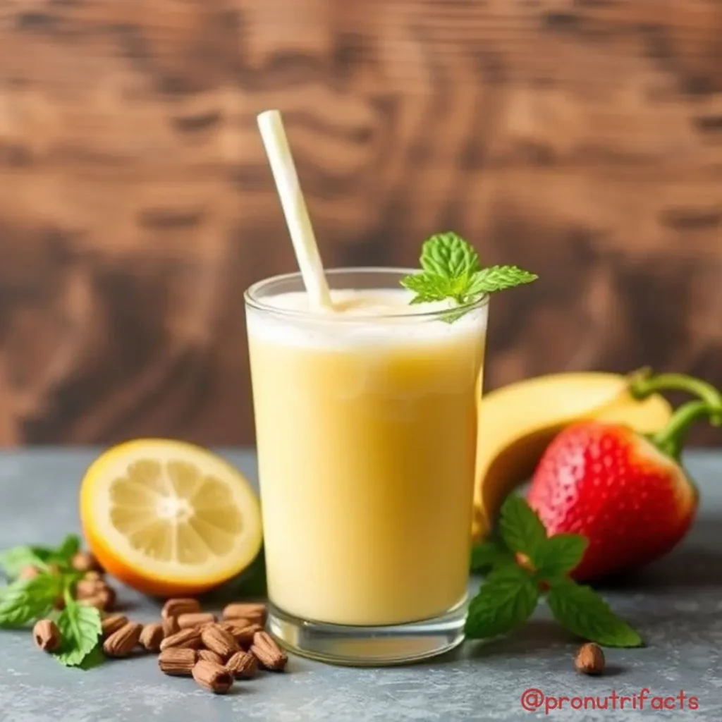 A glass of yellow smoothie with mint garnish, surrounded by lemon, almonds, banana, and a strawberry for a refreshing gut health drink.