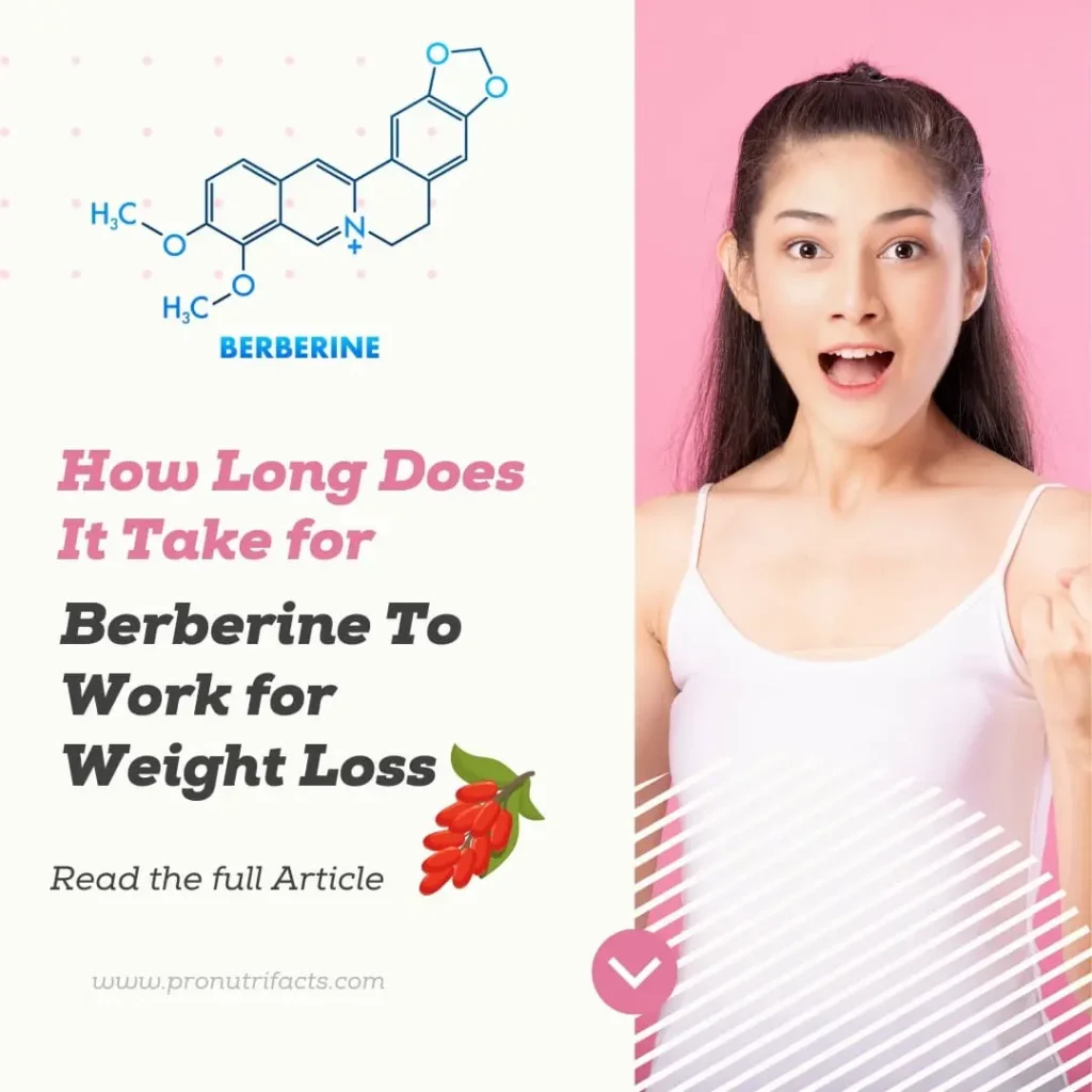 A vibrant design featuring a young woman looking surprised, alongside the molecular structure of berberine. The text reads "How Long Does It Take for Berberine To Work for Weight Loss" and includes a decorative goji berry graphic.