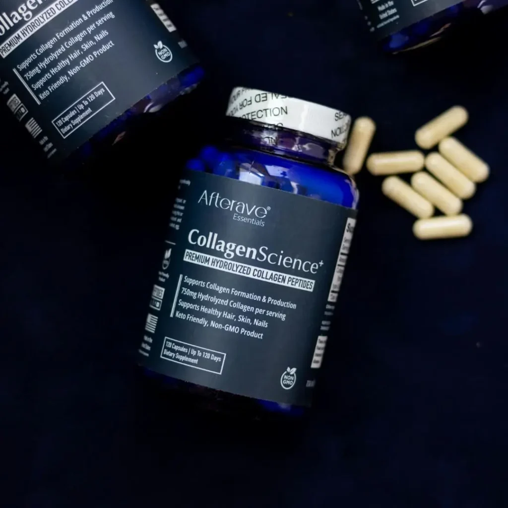 A bottle of "CollagenScience+ Premium Hydrolyzed Collagen Peptides" by Afterave Essentials, accompanied by collagen capsules, with the text overlay: "Does Collagen Help with Weight Loss?