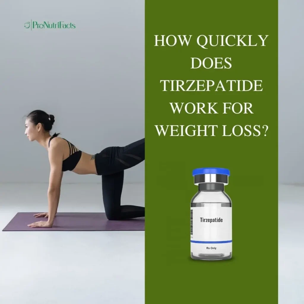 "How Quickly Does Tirzepatide Work for Weight Loss?" A woman in athletic wear is practicing yoga on a mat, symbolizing fitness and weight loss. Beside her, there is an image of a Tirzepatide vial on a green background, highlighting the medication's role in weight management.