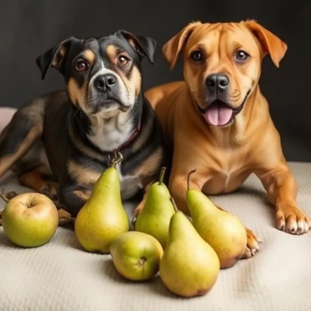 "Can Dogs Have Pears? 7 Benefits You Should Know" Two dogs, one black and tan and the other golden brown, lying on a soft surface with several fresh pears and apples in front of them. The image highlights the topic of feeding pears to dogs.