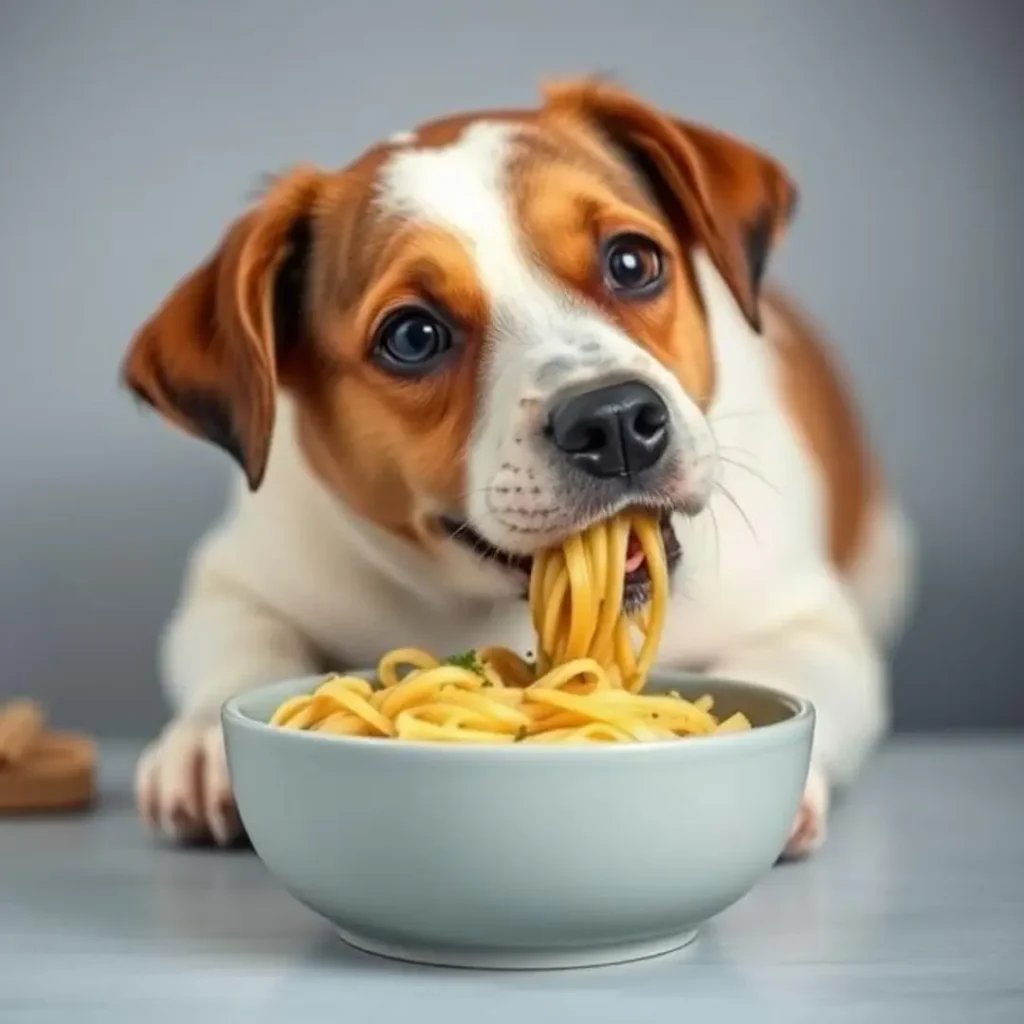 "Can Dogs Eat Pasta? 5 Safe Pasta Options for Your Dog" A playful brown and white puppy eagerly eating spaghetti from a bowl, showcasing the topic of whether pasta is safe for dogs.