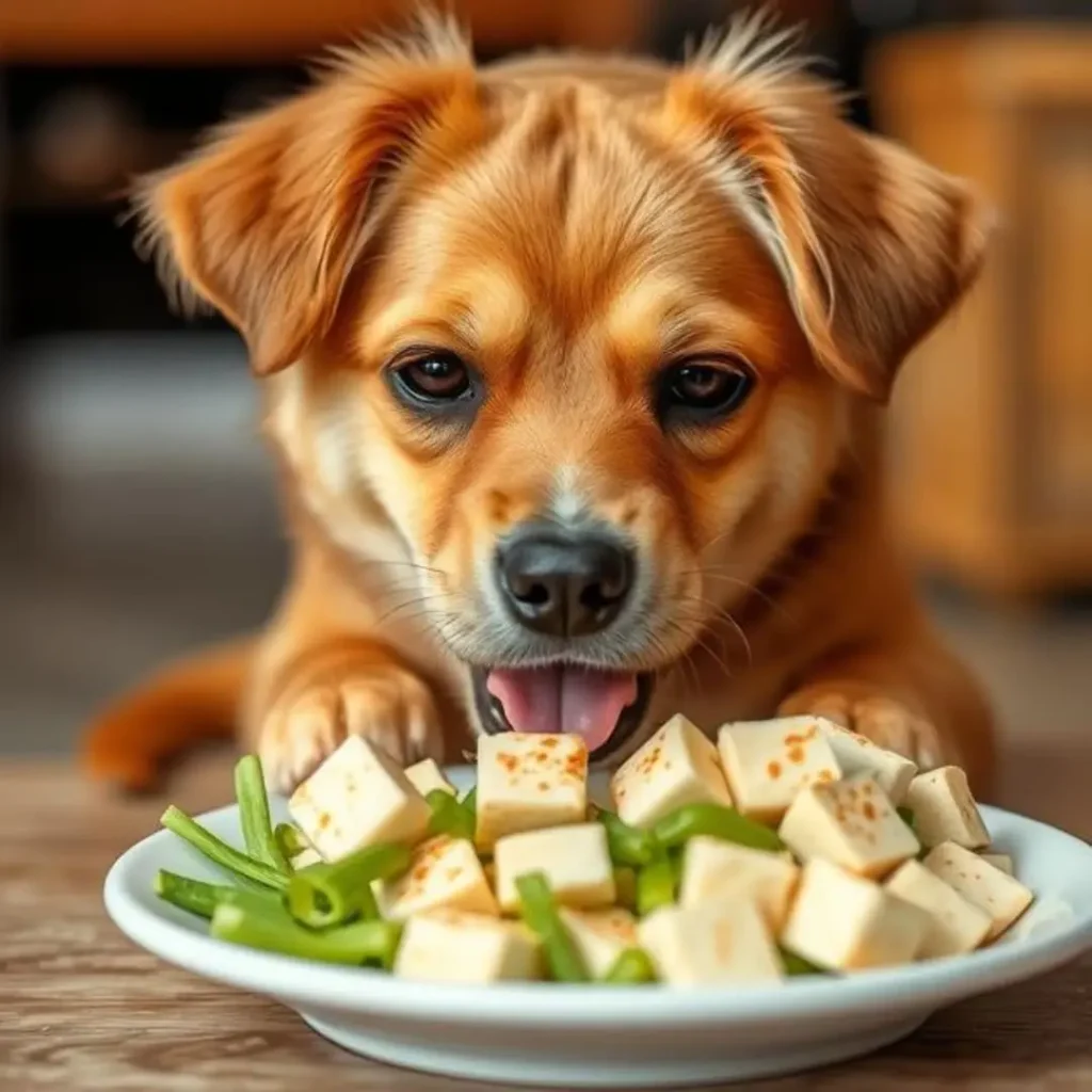 A happy brown dog eagerly looking at a plate filled with tofu cubes and green vegetables, curious about its meal.