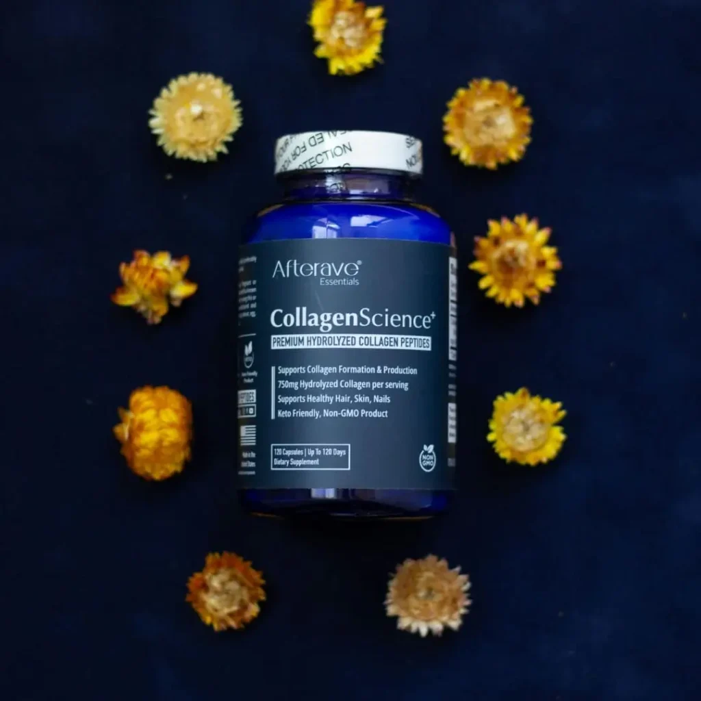 A single bottle of "CollagenScience+ Premium Hydrolyzed Collagen Peptides" by Afterave Essentials, placed upright and surrounded by dried yellow flowers on a dark blue background.