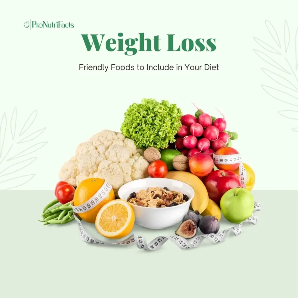 A colorful assortment of weight-loss-friendly foods, including fresh fruits, vegetables, nuts, and a bowl of cereal, arranged with a measuring tape. The image emphasizes healthy eating habits for effective weight management.