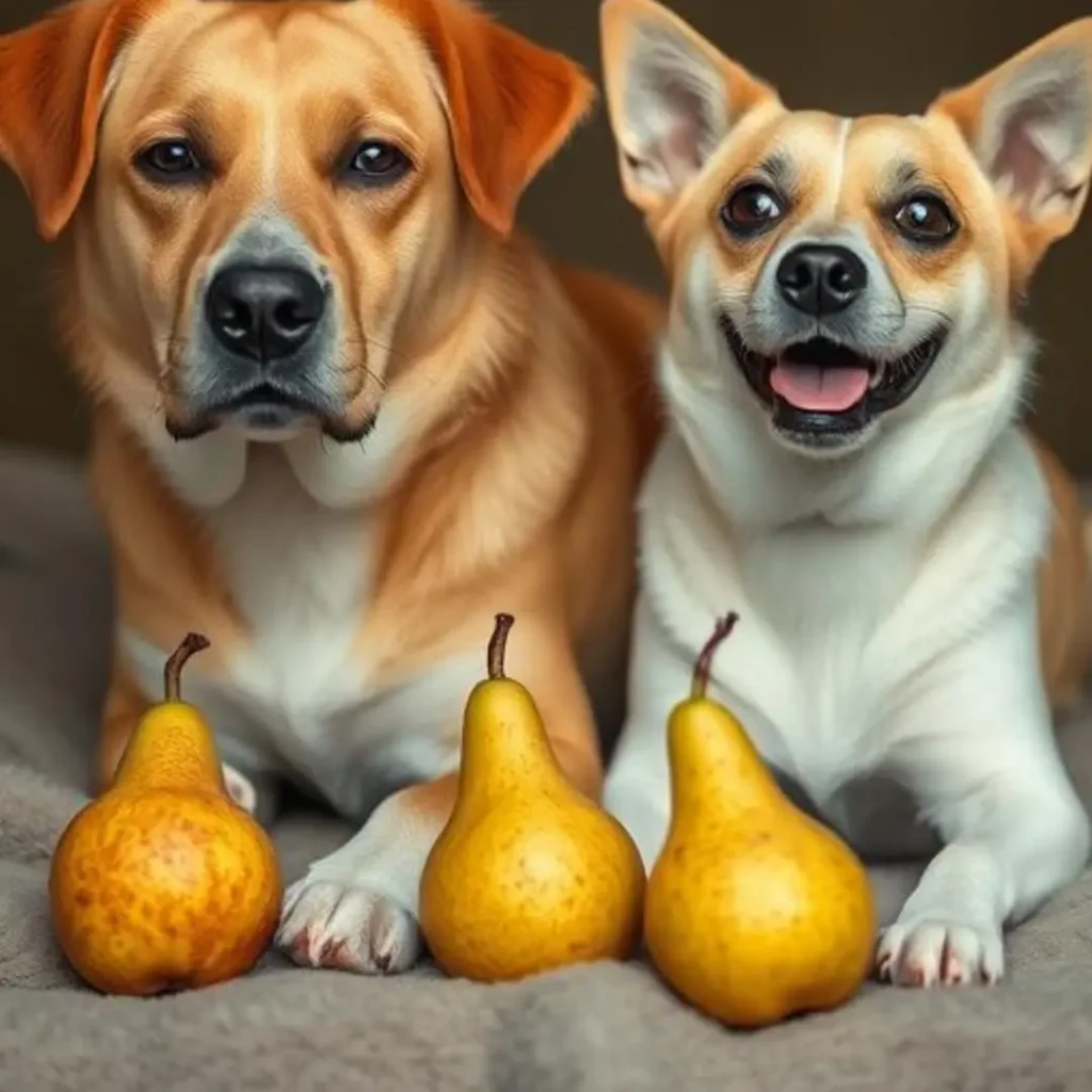 Two dogs, one golden and the other white and tan, sitting on a cozy surface with three ripe pears in front of them. The dogs appear curious and happy, representing the discussion about whether pears are safe for dogs to eat.