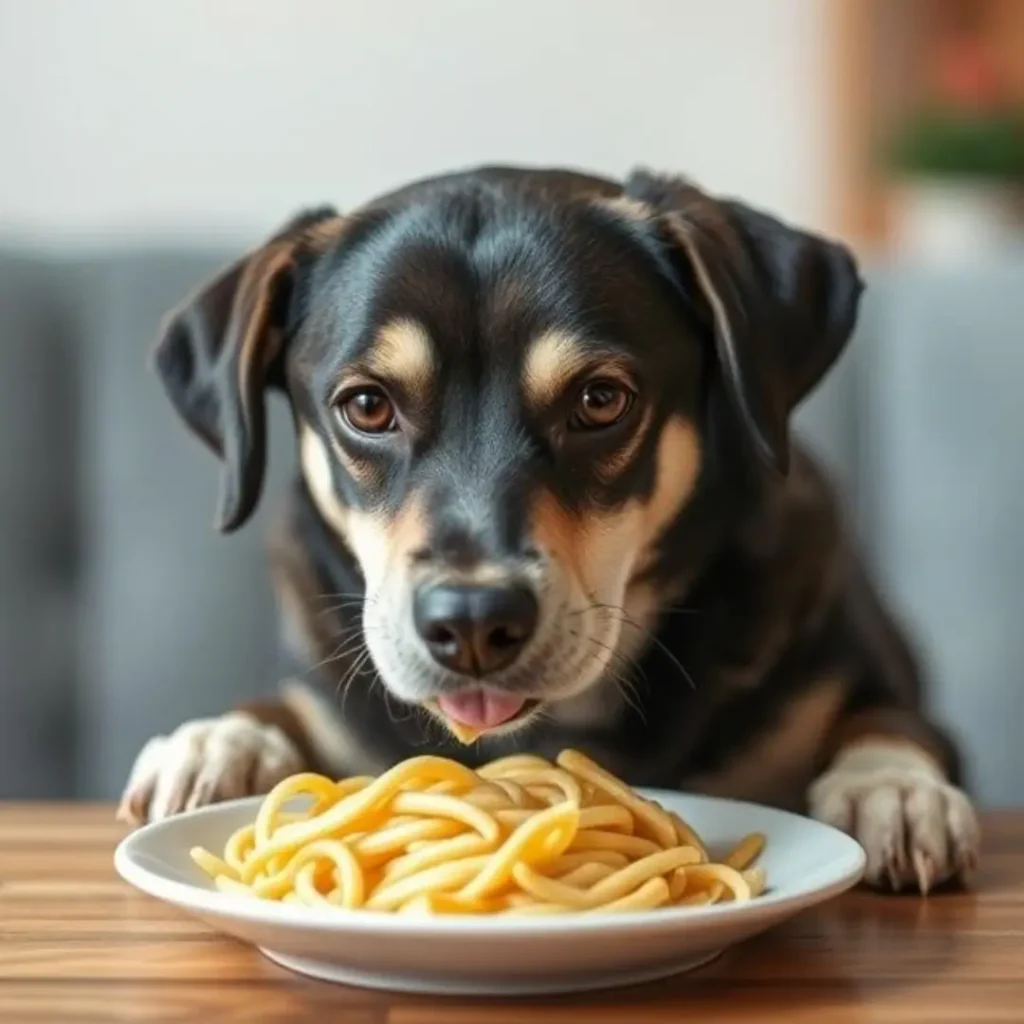 A black and tan dog sitting at a table with a plate of spaghetti in front of it, looking curious and slightly hesitant. The image represents dogs eating pasta and their reactions to it.