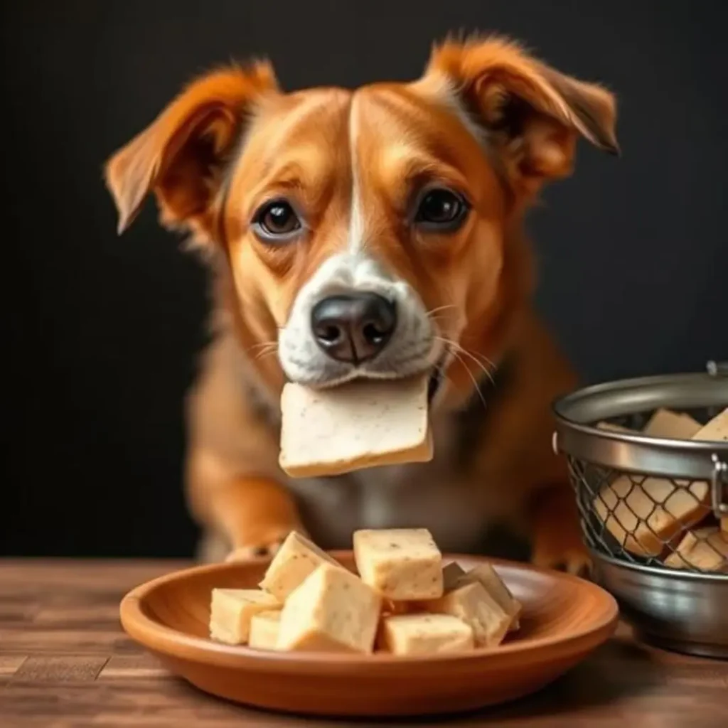 A brown and white dog holding a slice of tofu in its mouth while sitting beside a plate of tofu cubes, looking thoughtful.