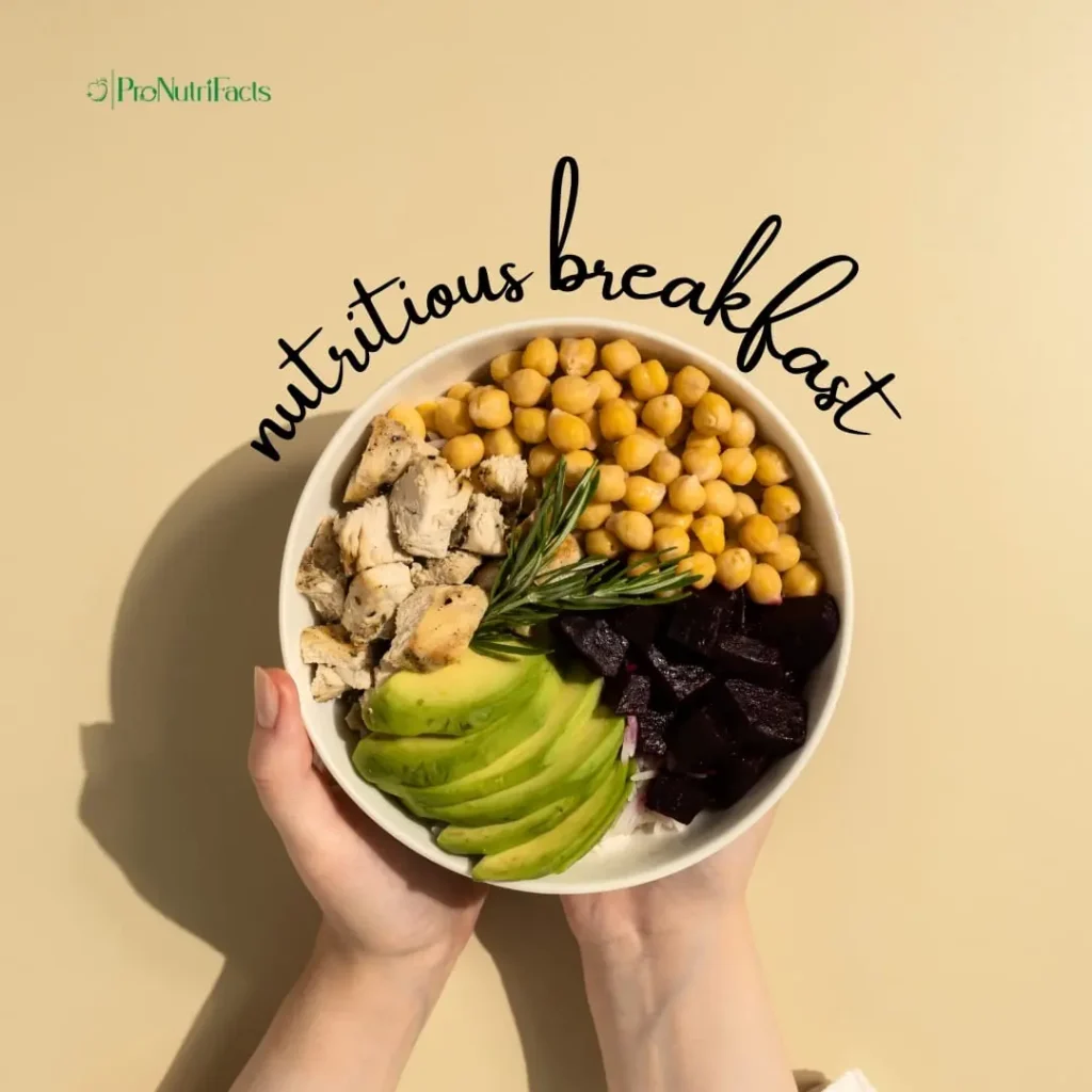 A close-up of a bowl containing a nutritious breakfast with chickpeas, avocado, grilled chicken, beets, and rosemary, held by two hands. The phrase "nutritious breakfast" is written above the bowl, promoting a healthy start to the day.