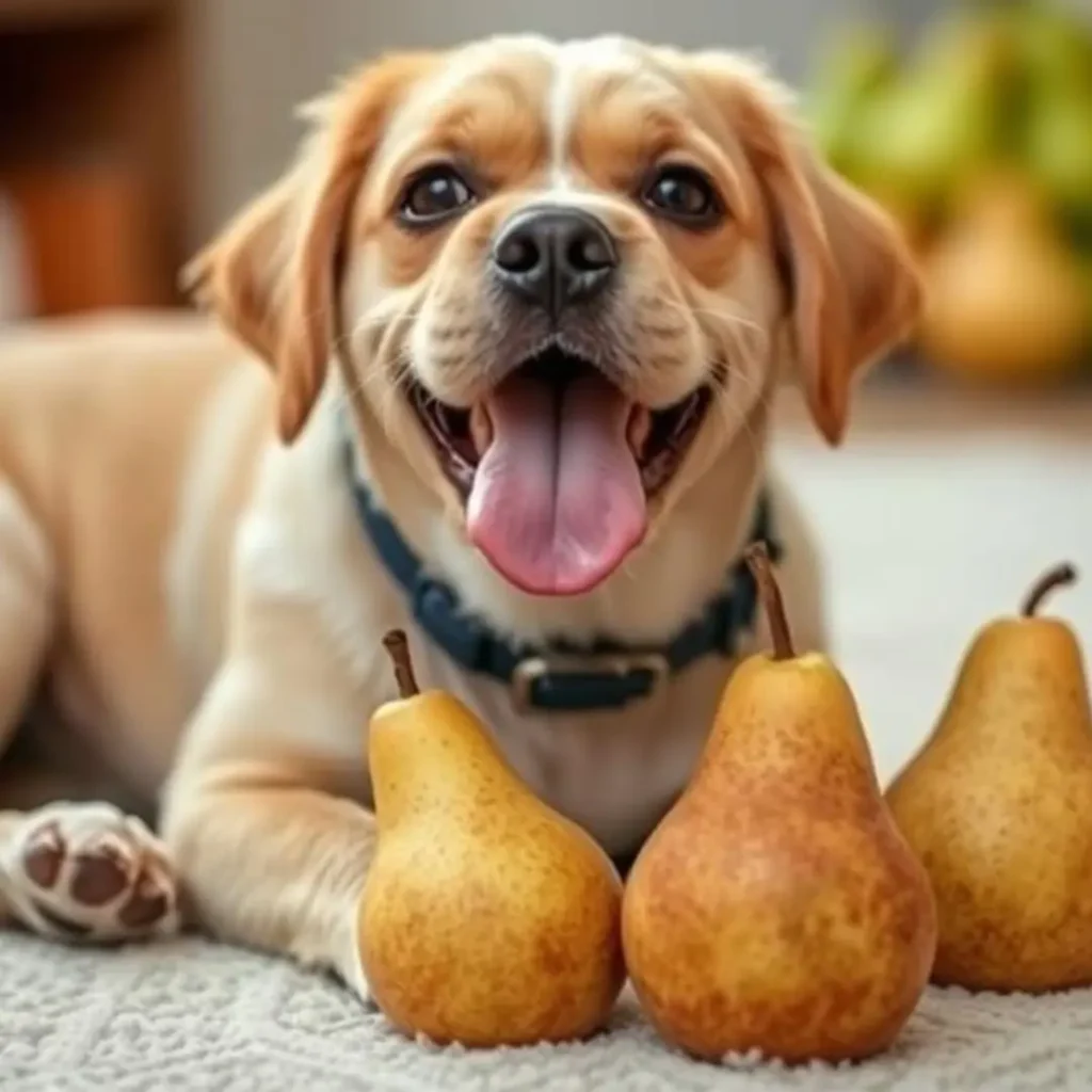 A happy, light brown puppy with its tongue out, sitting in front of three pears. The background is soft and inviting, emphasizing the idea of feeding pears to dogs and their potential benefits.