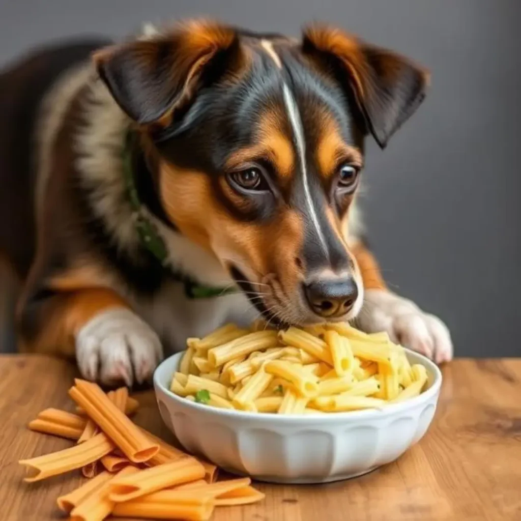 A tricolor dog with a green collar sniffing a bowl of cooked penne pasta on a wooden table, with uncooked pasta scattered around. The image emphasizes safe pasta options for dogs.