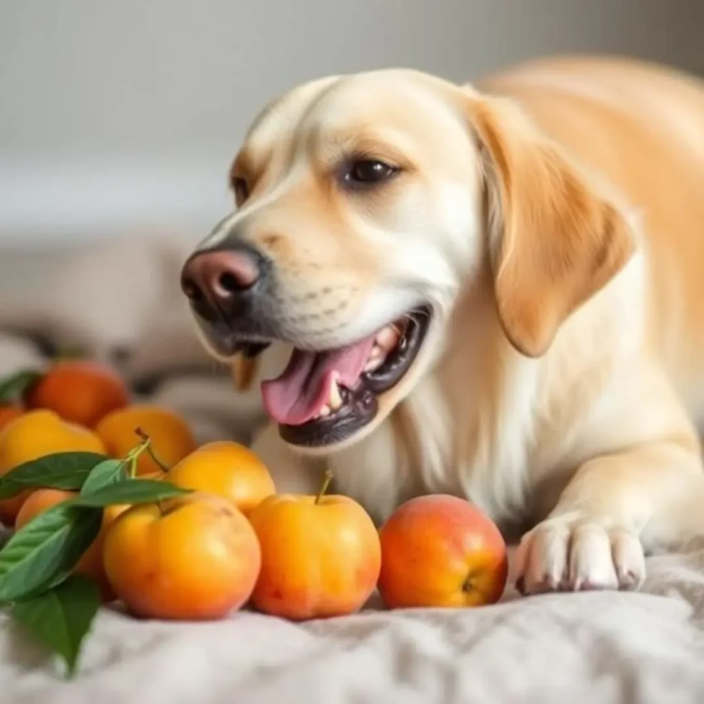 "Can Dogs Have Nectarines? 3 Signs Your Dog May Be Allergic" - A happy golden retriever lying on a soft surface, surrounded by fresh nectarines, looking content and curious.