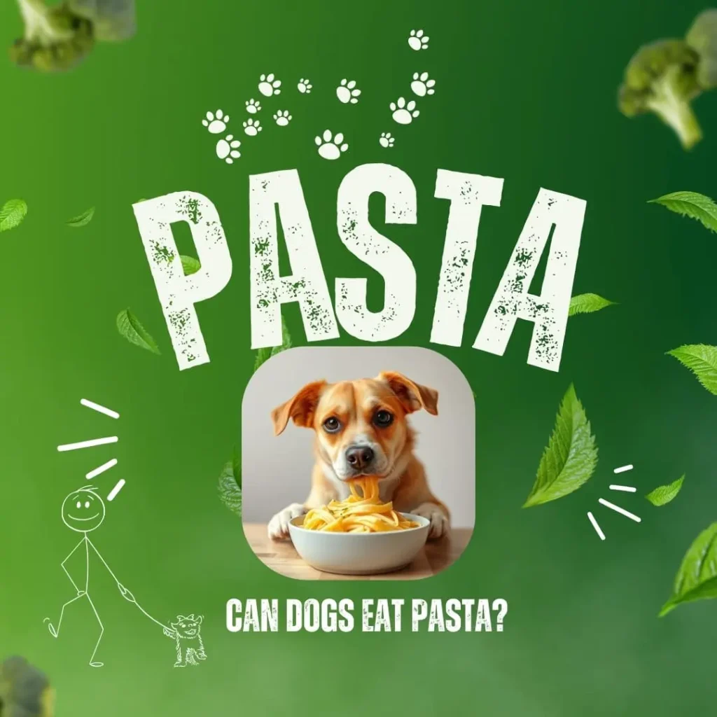 Can Dogs Eat Pasta? 10 Pros and Cons You Need to Know – A playful dog sits next to a bowl of pasta with a vibrant green background, surrounded by fresh herbs and playful design elements.